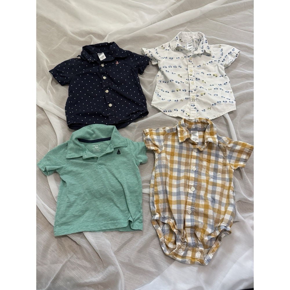 Infant Baby Boy Carter's Collared Shirts Romper 9 To 12 Month‎ Lot Of 4